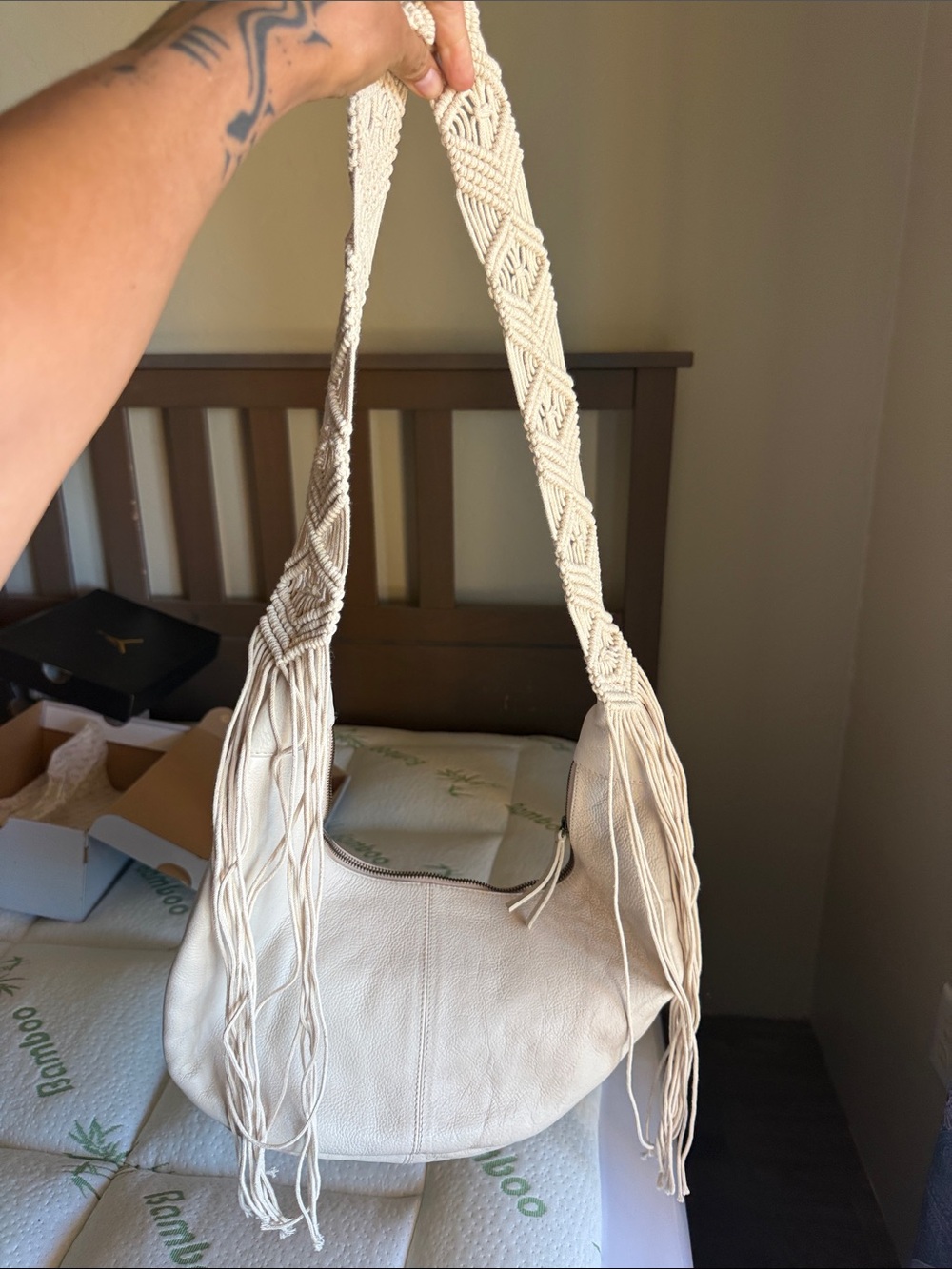 Free People Leather Boho Macrame Strap Shoulder Bag - Cream